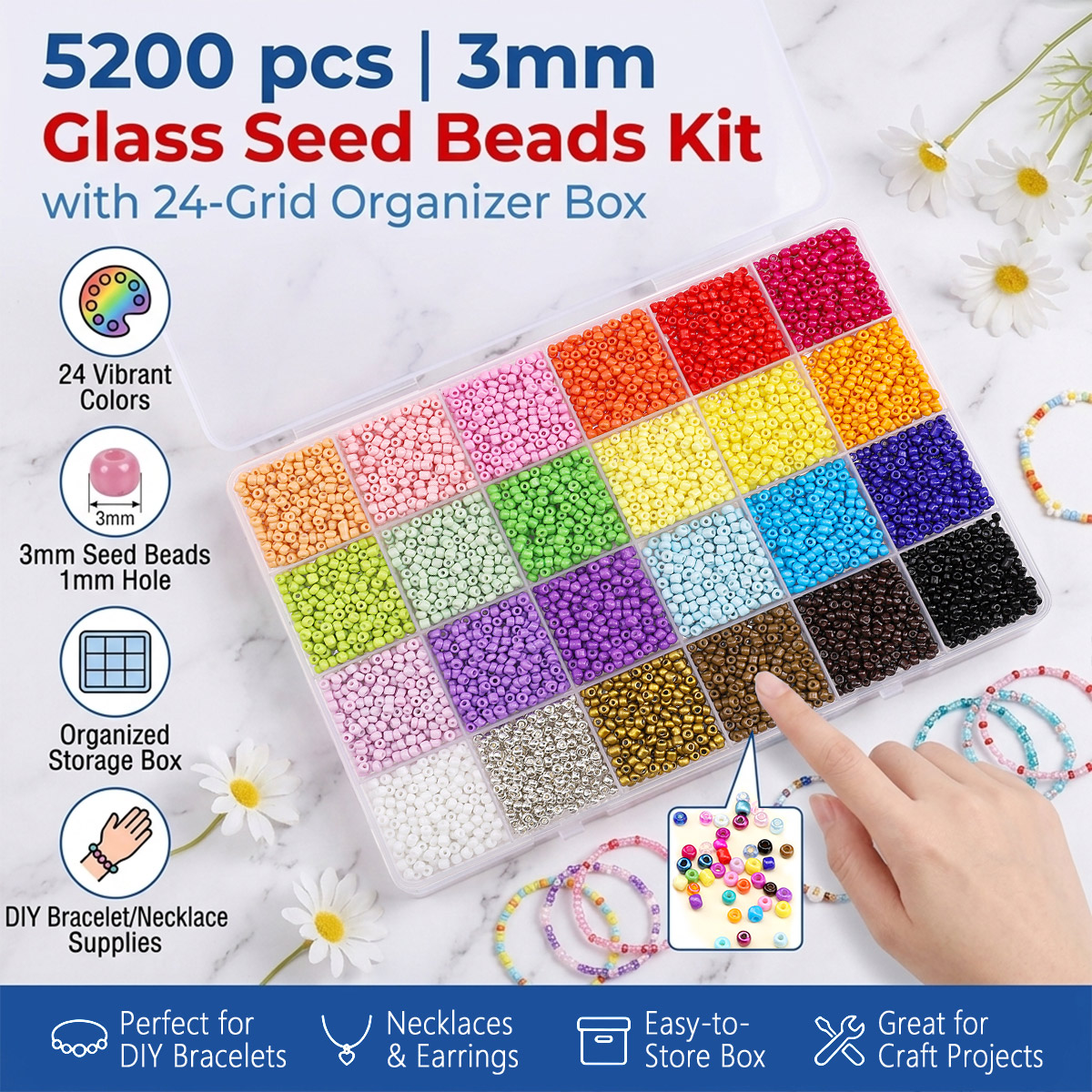 Bead Organizer Tray - 5200pcs 3mm Glass Seed Beads Kit