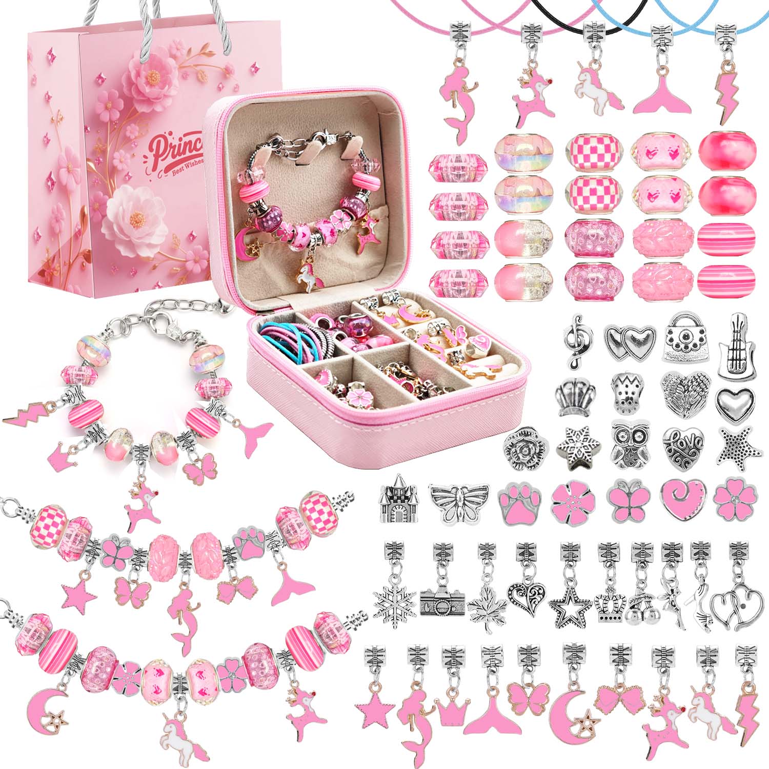 Bead Organizer Tray - 68pcs pink beaded jewelry set, charm